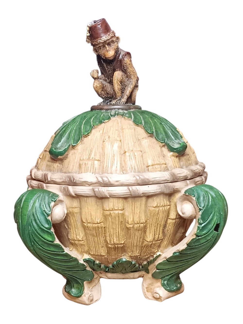 Vintage Majolica Style Bellhop Monkey Covered Jar Sugar Bowl Lidded Vessel **